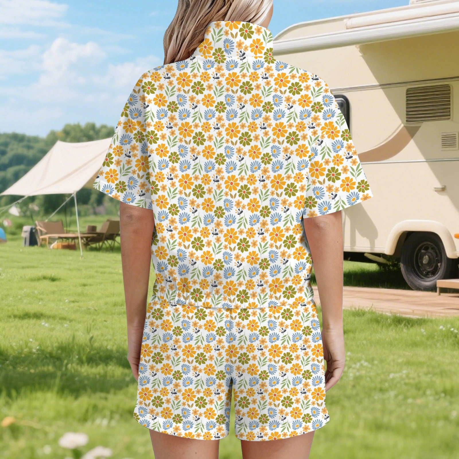Retro Boho Flower Women's Windbreaker Short Set Women's Windbreaker Short Set Plants Printed Offshore