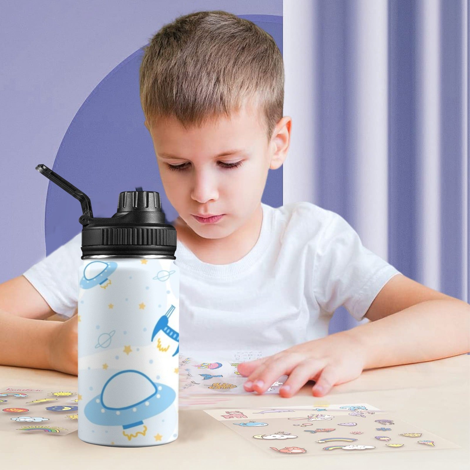 Spaceships And UFO's - Kids Water Bottle with Chug Lid (12 oz) Kids Water Bottle with Chug Lid Printed Offshore Space