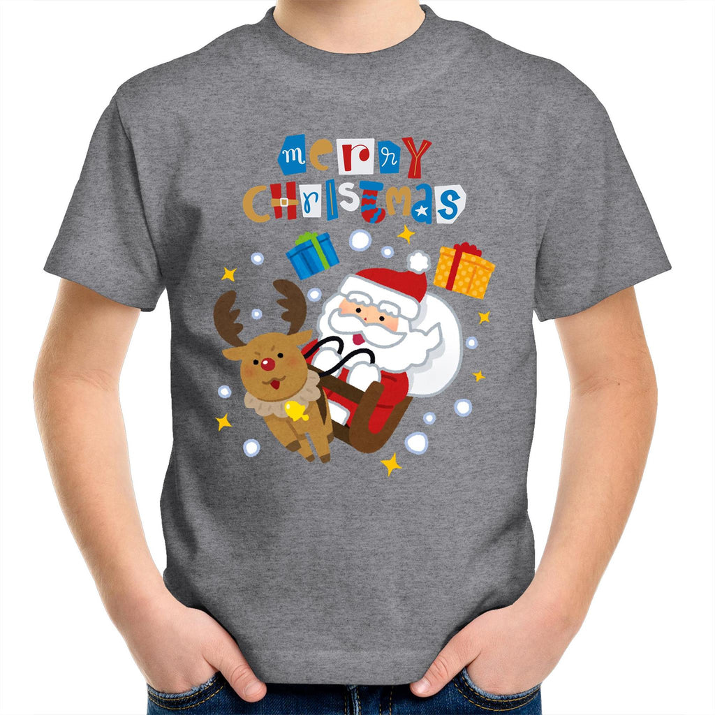 Santa Merry Christmas - Kids Youth T-Shirt Grey Marle Kids Christmas T-shirt Christmas Printed In Australia