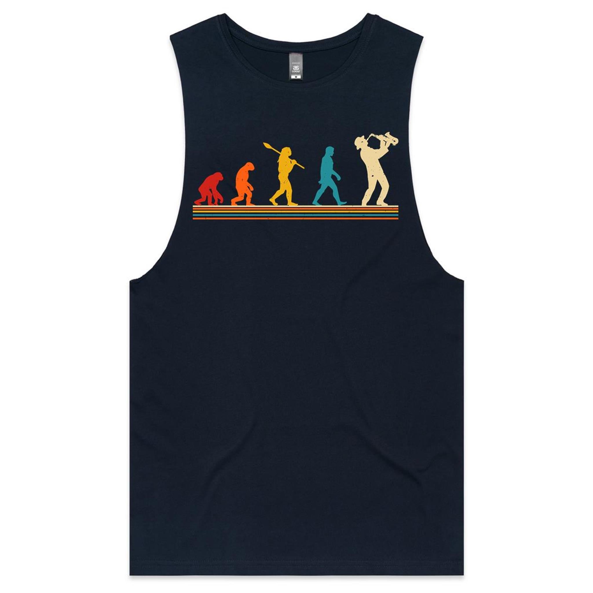 Evolution Of A Saxophone Player - Mens Tank Top Tee Navy Drop Arm Tank Top Music Printed In Australia