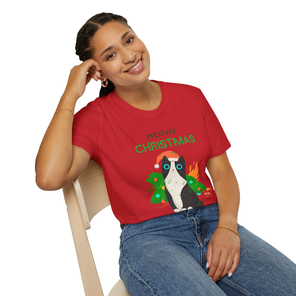 Meowy Christmas, Cat With Burning Christmas Tree - Unisex Softstyle T-Shirt