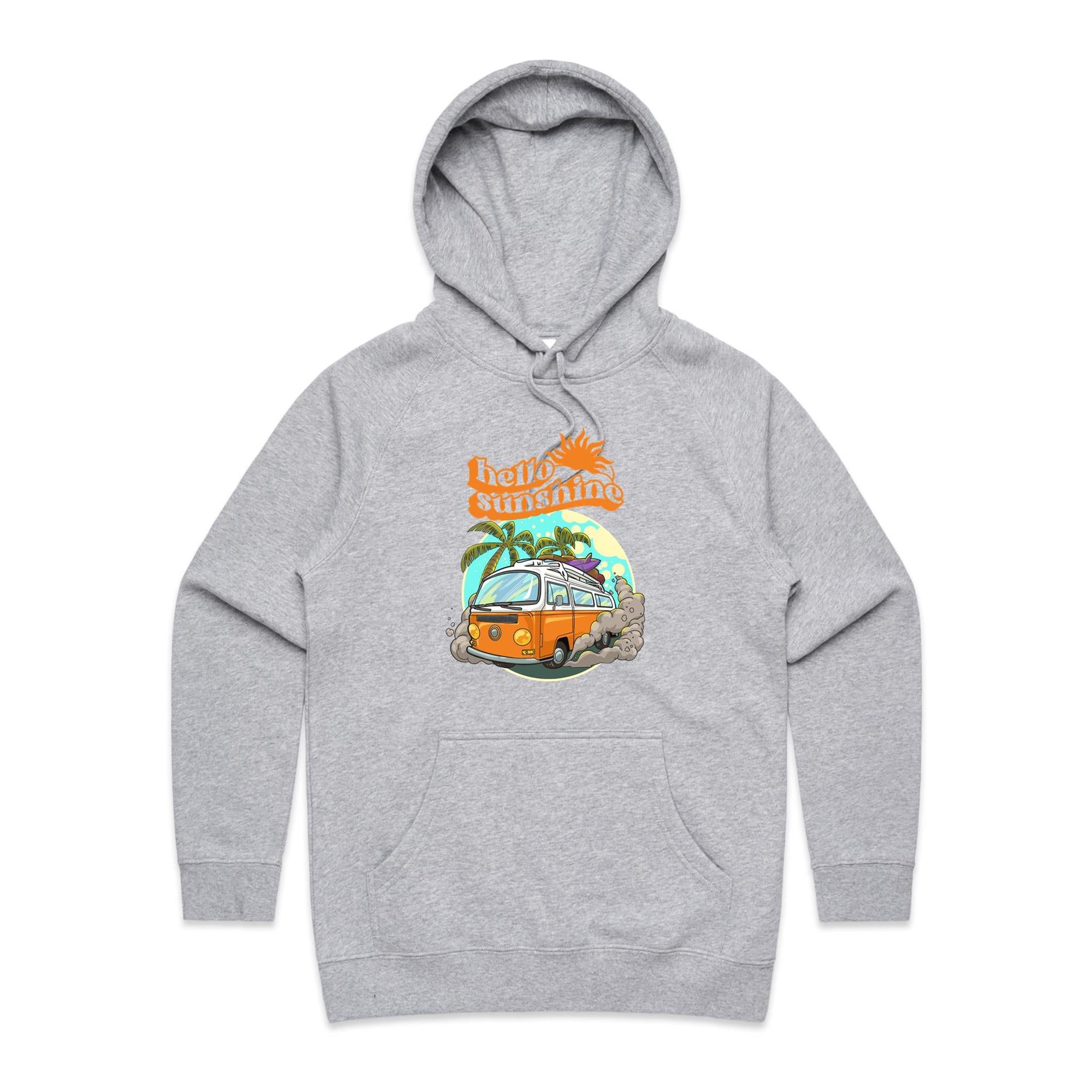 Hello Sunshine, Beach Van - Womens Hoodie Grey Marle Womens Hoodie Printed In Australia Summer