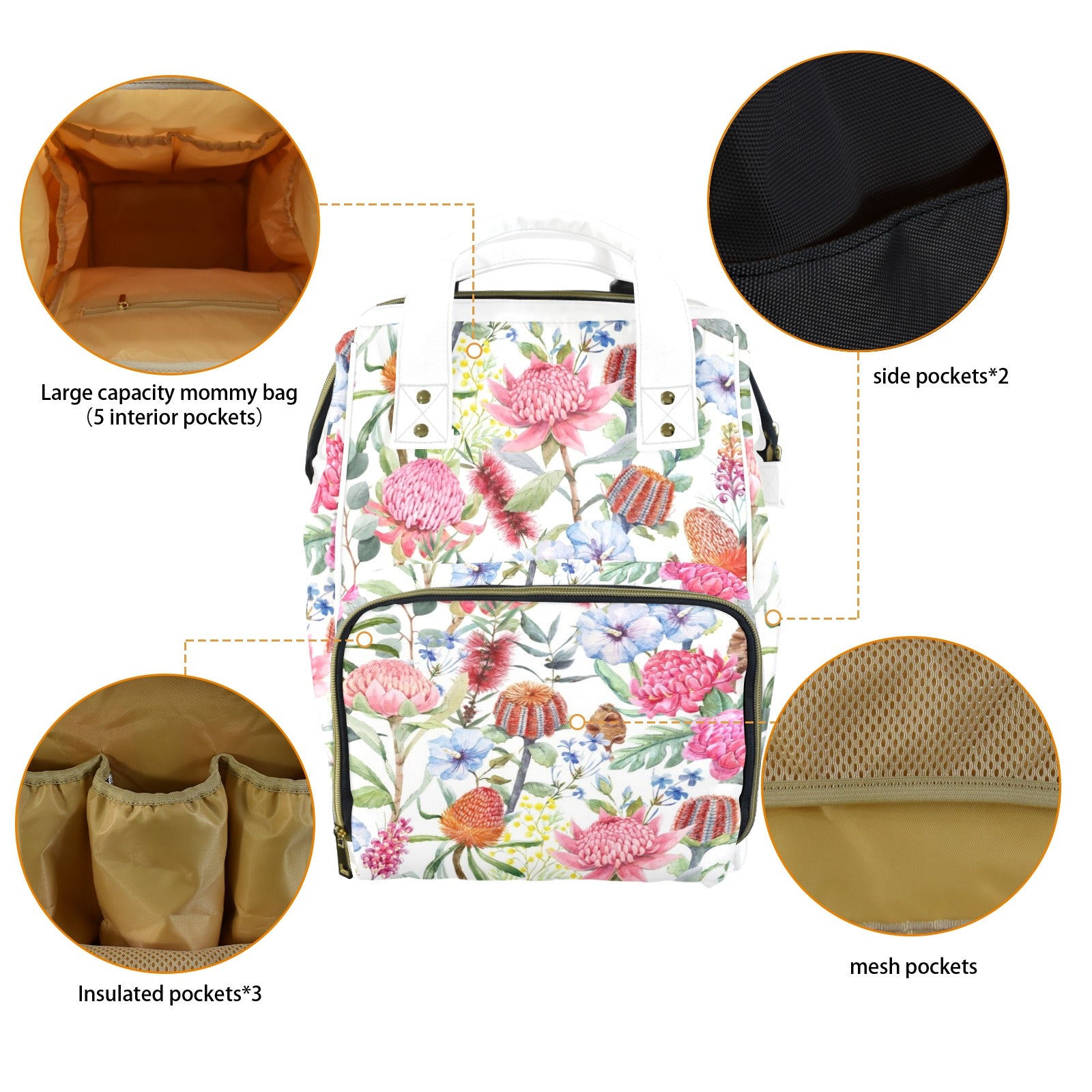 Australian Flowers - Multi-Function Backpack, Nappy / Diaper Bag