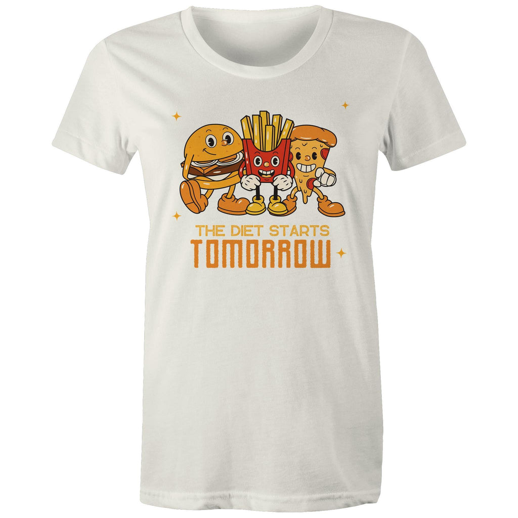 The Diet Starts Tomorrow, Hamburger, Fries, Pizza - Womens T-shirt Natural Womens T-shirt Food Printed In Australia