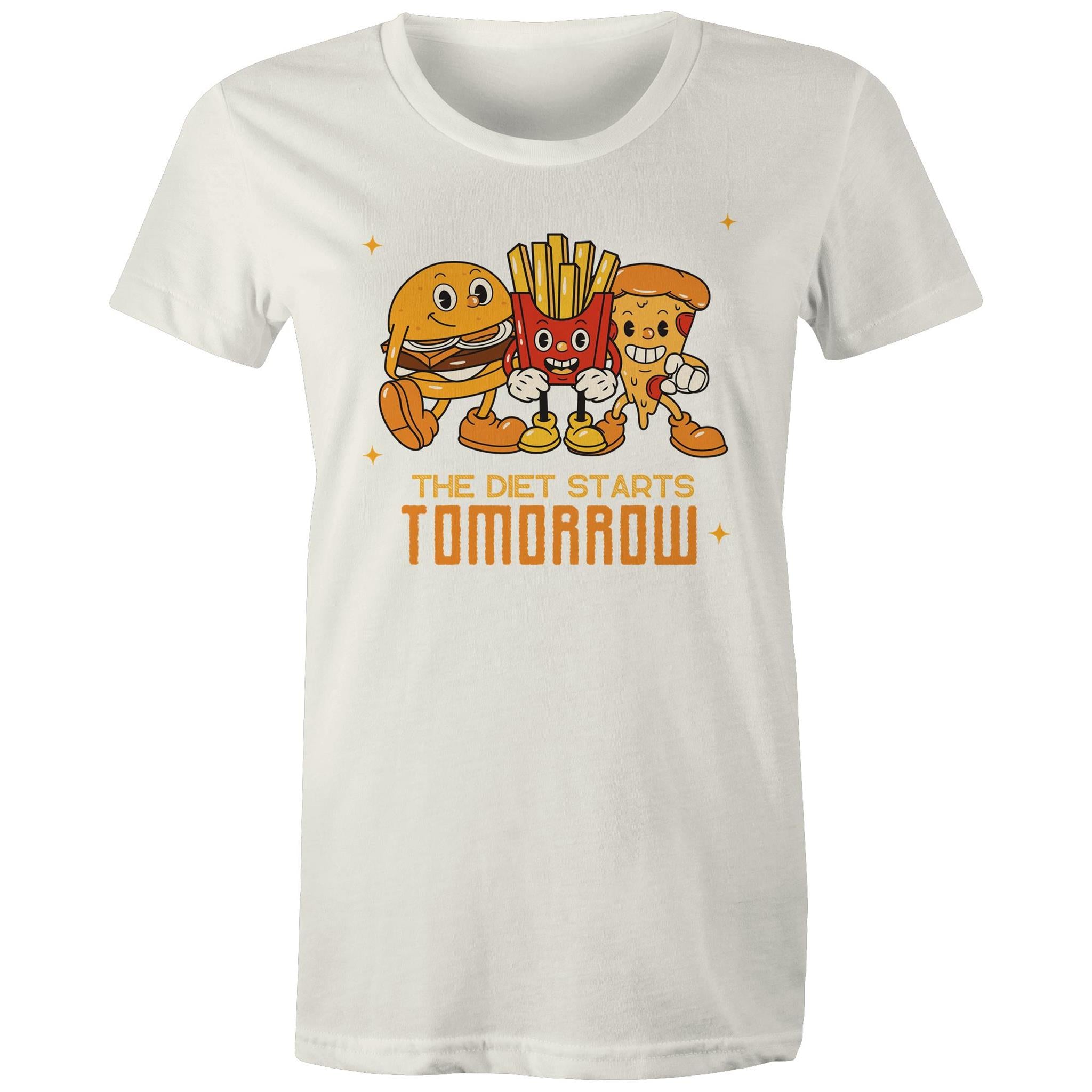 The Diet Starts Tomorrow, Hamburger, Fries, Pizza - Womens T-shirt Natural Womens T-shirt Food Printed In Australia