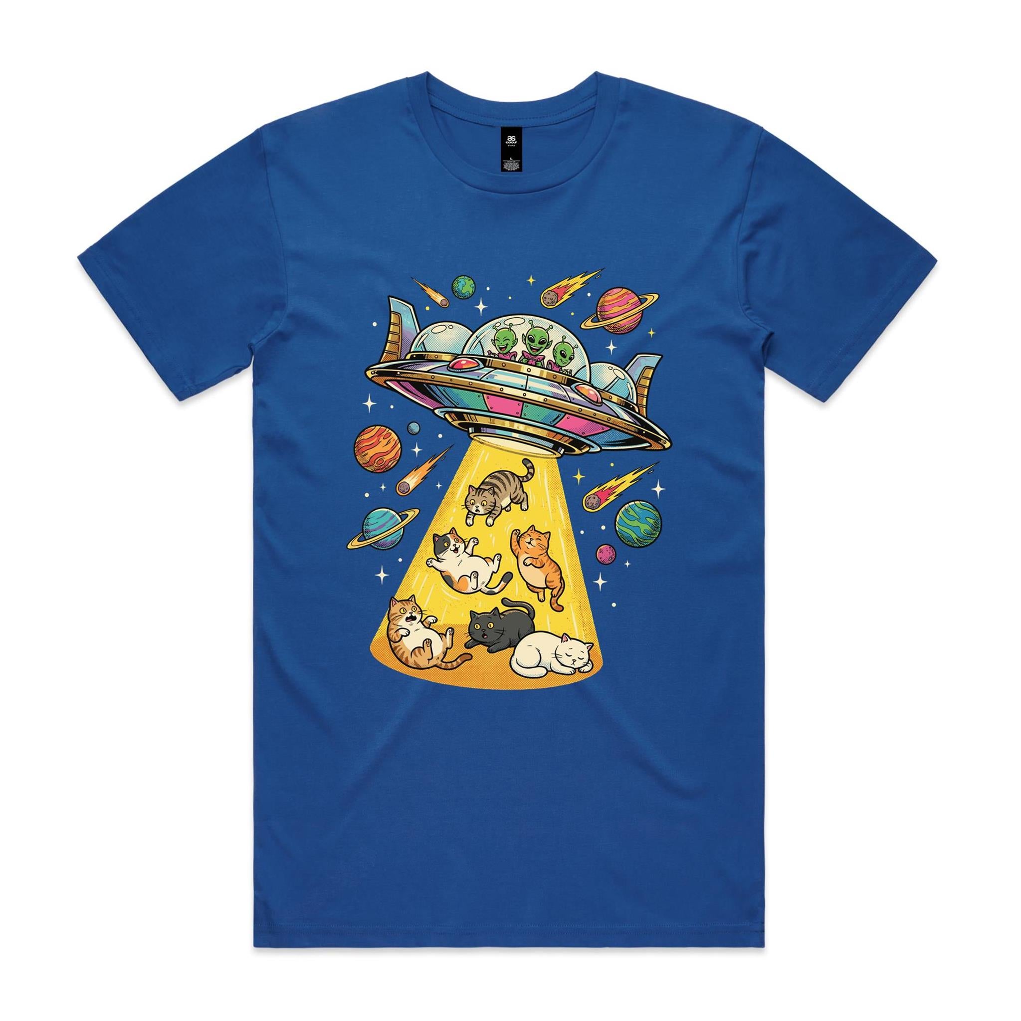 UFO Cat Abduction - Men's AS Colour T-shirt Bright Royal Mens T-shirt animal Printed In Australia Sci Fi