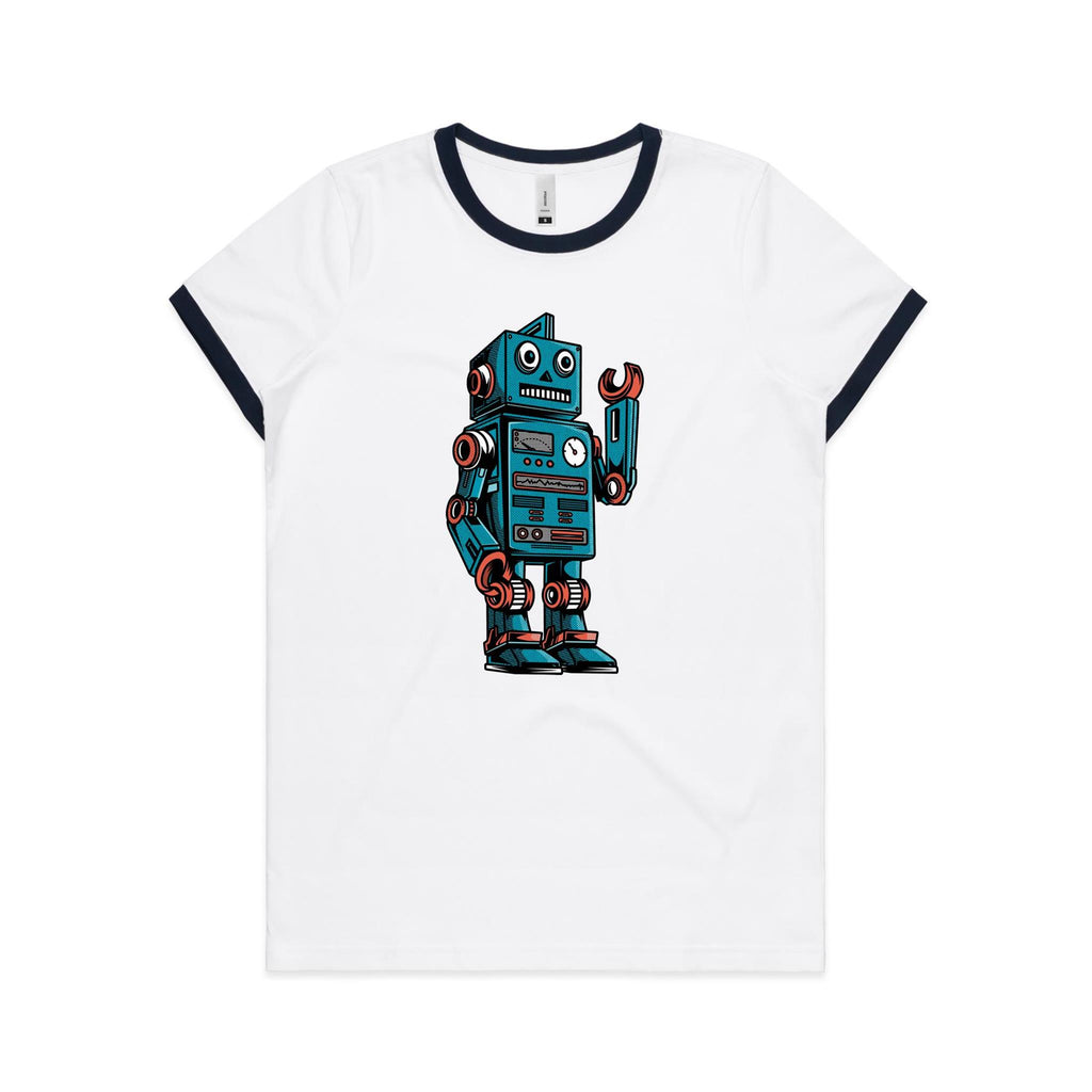 Robot - Women's Ringer Tee White Navy Womens Ringer T-shirt Printed In Australia Sci Fi