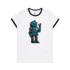 Robot - Women's Ringer Tee White Navy Womens Ringer T-shirt Printed In Australia Sci Fi