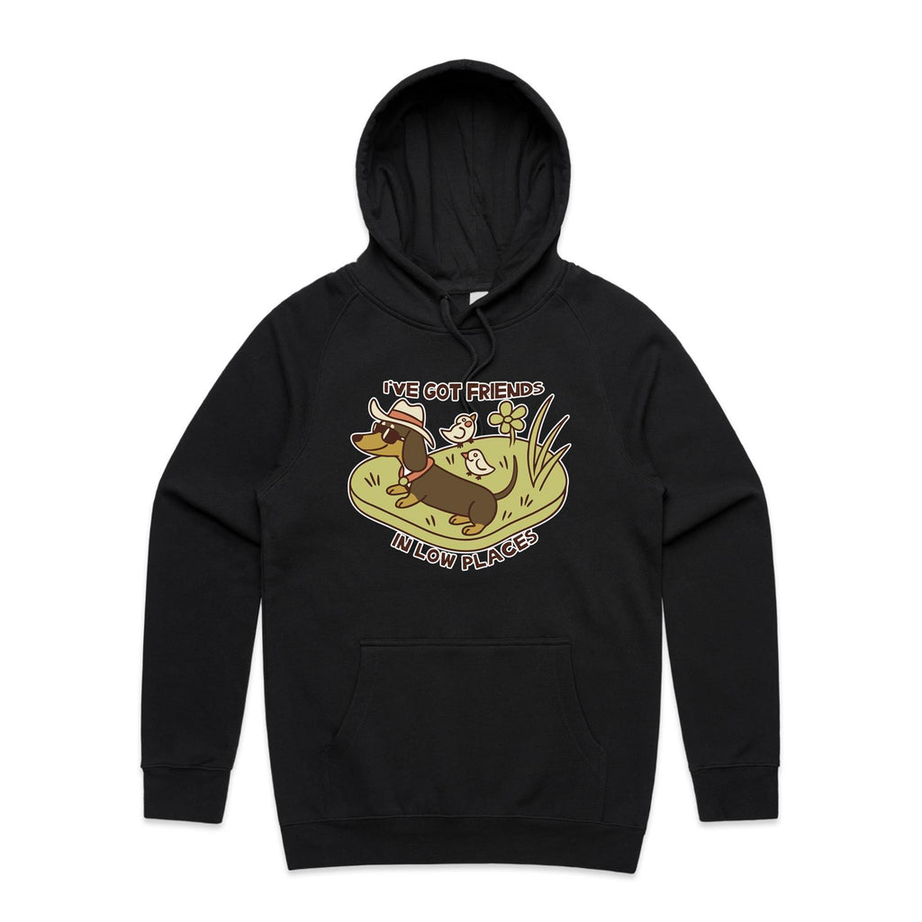 Dachshund, I've Got Friends In Low Places Men's AS Colour Hoodie Black Mens Hoodie animal Printed In Australia