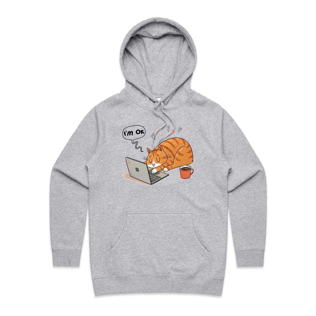 Cat Laptop, I'm OK - Womens Hoodie Grey Marle Womens Hoodie animal Printed In Australia Tech