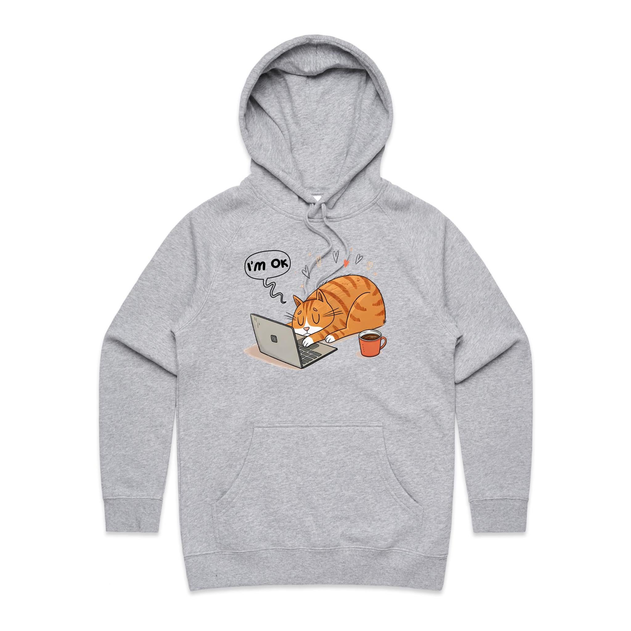 Cat Laptop, I'm OK - Womens Hoodie Grey Marle Womens Hoodie animal Printed In Australia Tech