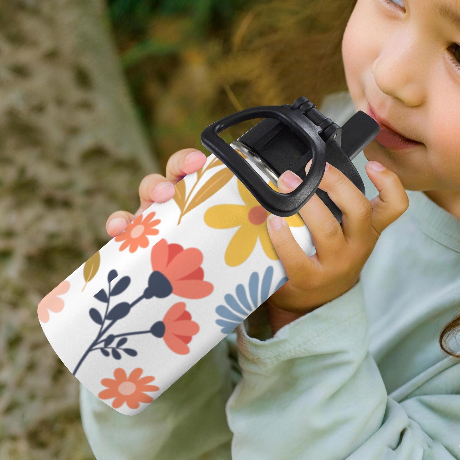 Boho Flowers And Leaves 12oz Kids Water Bottle with Straw Lid