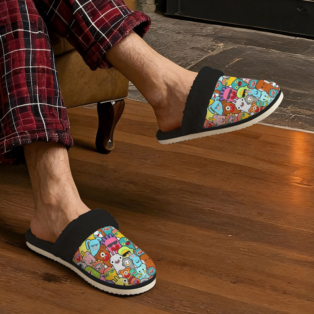 Happy Monsters Men's Fur Trim Thick-Sole Indoor Slippers Men's Fur Trimmed Slippers Printed Offshore Sci Fi