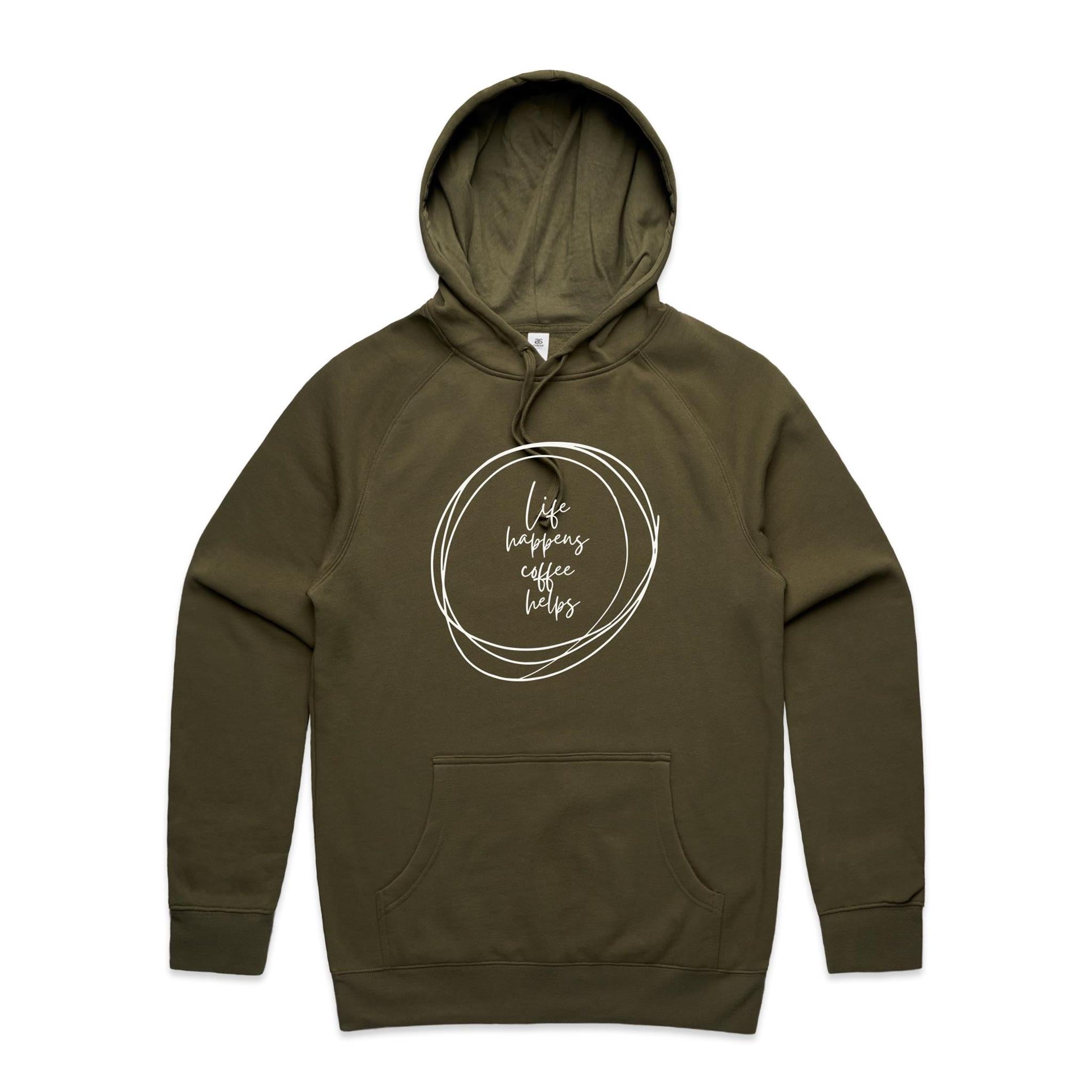 Life Happens, Coffee Helps - Mens Hoodie Army Mens Hoodie Coffee Printed In Australia