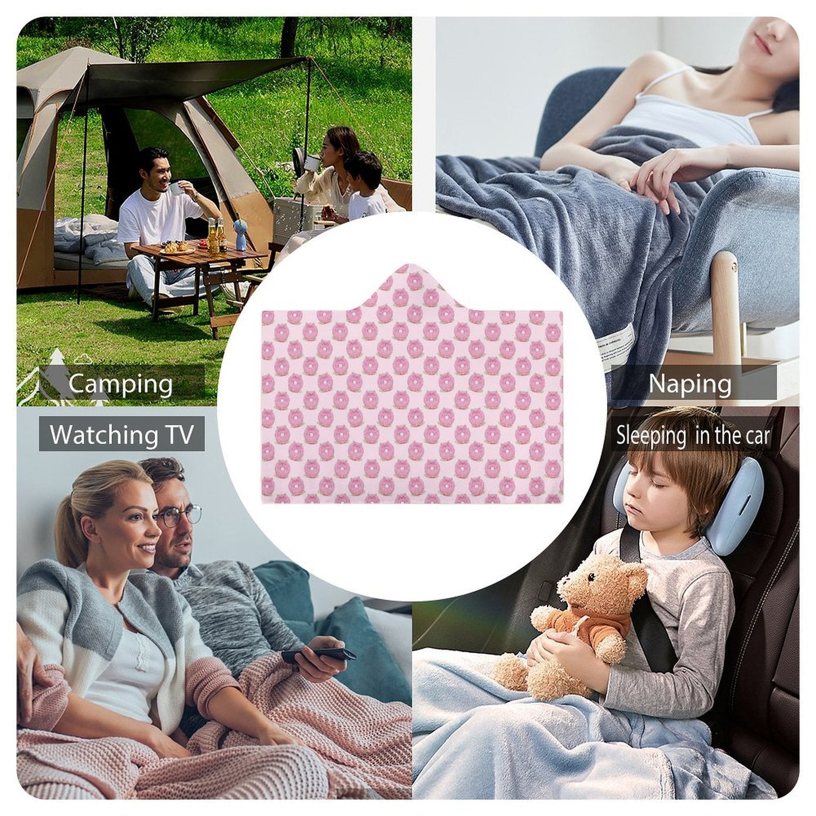 Pink Cat Doughnuts Kids Hooded Blanket 100cm x 130cm