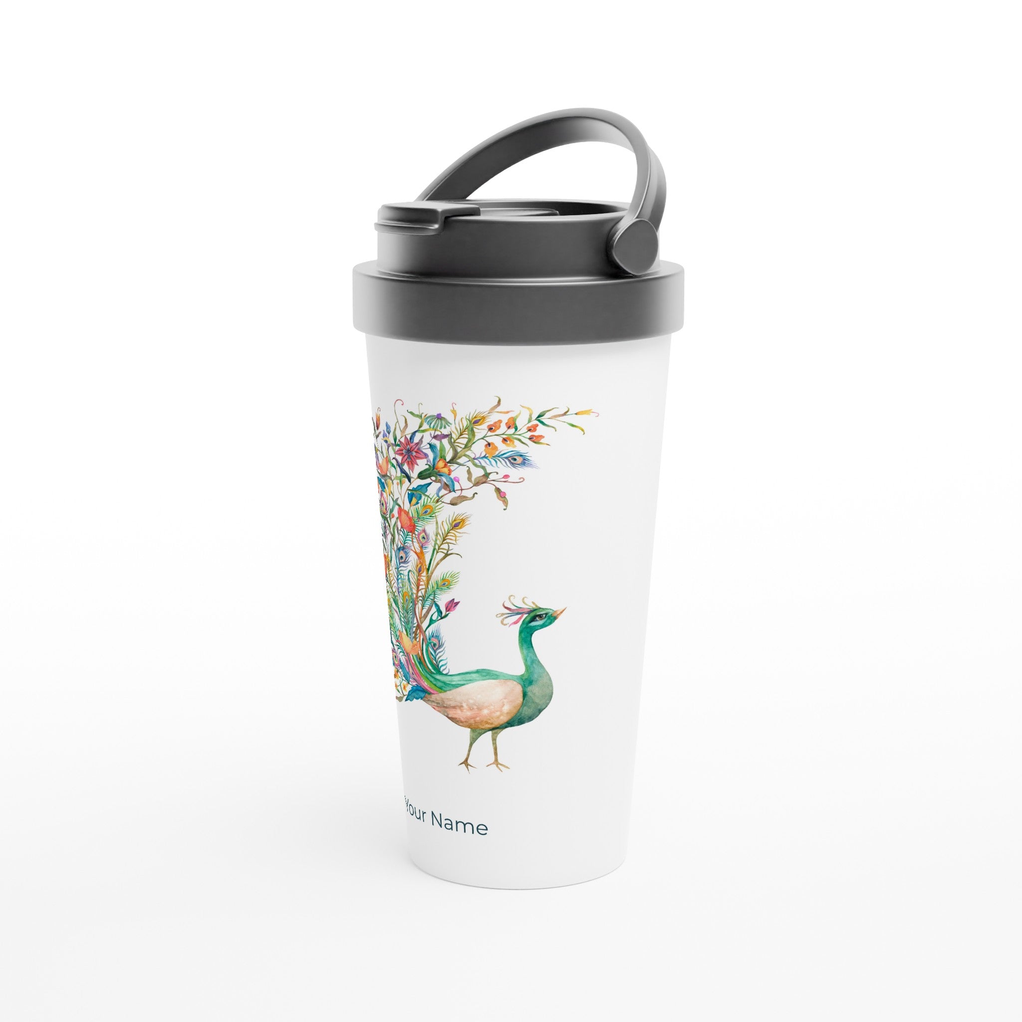 Personalised - Flower Peacock - White 15oz Stainless Steel Travel Mug Personalised Travel Mug animal coffee Globally Fulfilled