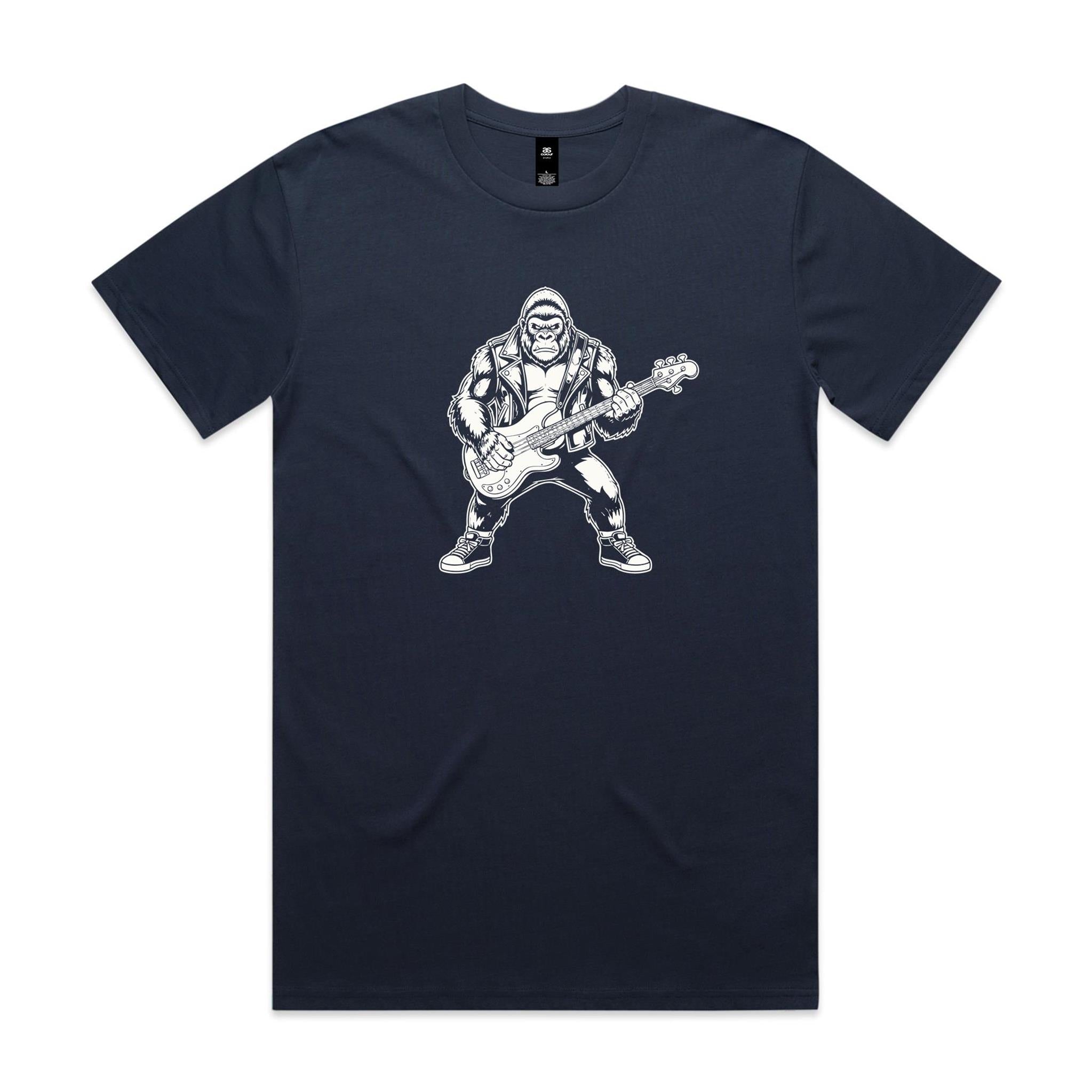 Gorilla Bass Player - Men's AS Colour T-shirt Midnight Blue Mens T-shirt animal Music Printed In Australia