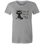 Living That nine Lives Kind Of Tired, Frazzled Cat - Womens T-shirt Grey Marle Womens T-shirt animal Coffee Printed In Australia