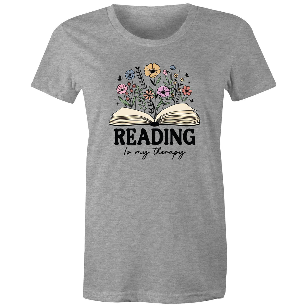 Reading Is My Therapy - Womens T-shirt Grey Marle Womens T-shirt Printed In Australia Reading