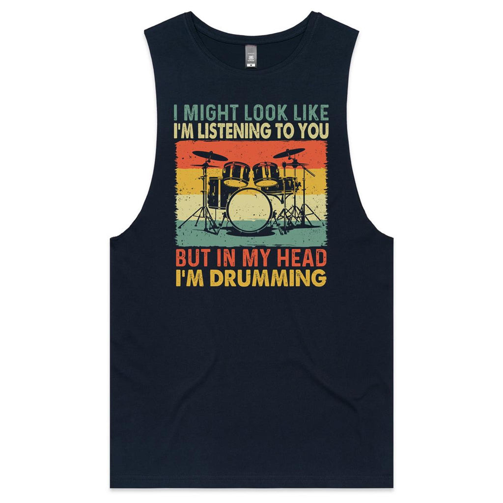 In My Head I'm Drumming Mens Men's AS Colour Drop Arm Tank Top Navy Drop Arm Tank Top Music Printed In Australia