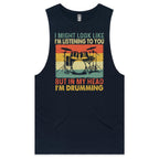 In My Head I'm Drumming Mens Men's AS Colour Drop Arm Tank Top Navy Drop Arm Tank Top Music Printed In Australia