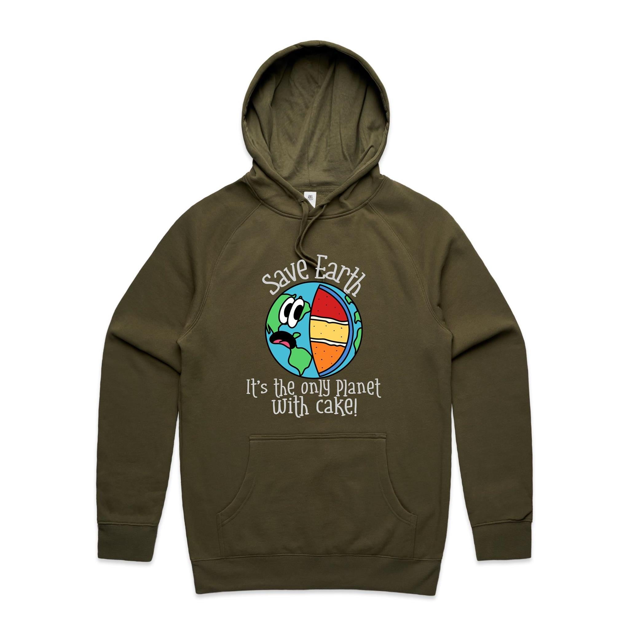 Save Earth, Its The Only Planet With Cake - Mens Hoodie Army Mens Hoodie Environment Food Printed In Australia
