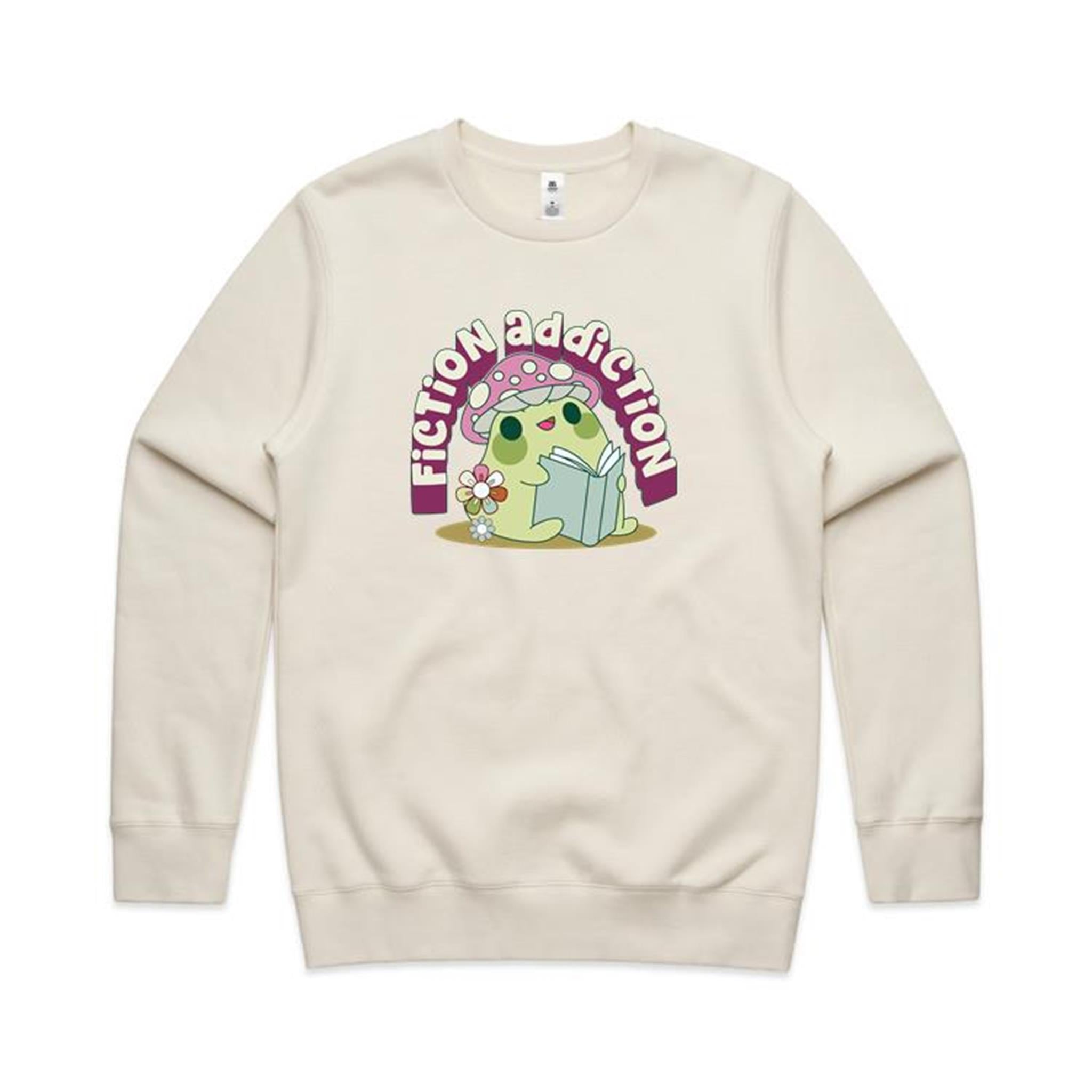 Fiction Addiction - AS Colour Stencil Crew Ecru Sweatshirt Printed In Australia Reading
