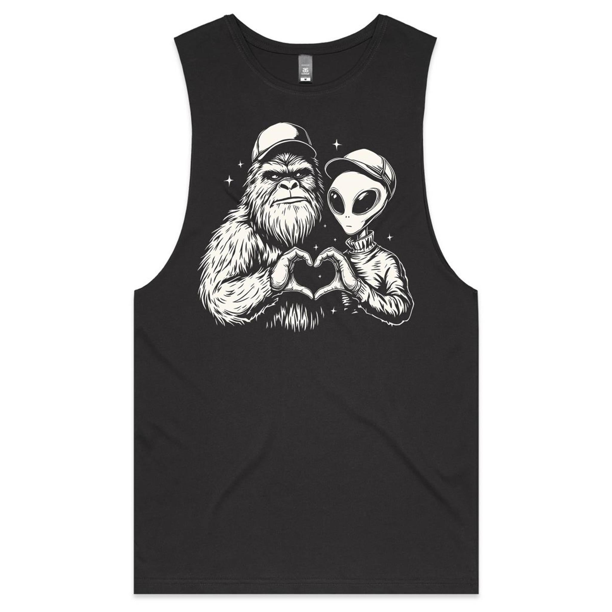 Alien And Bigfoot Heart Hands - Mens Tank Top Tee Coal Drop Arm Tank Top Love Printed In Australia Sci Fi