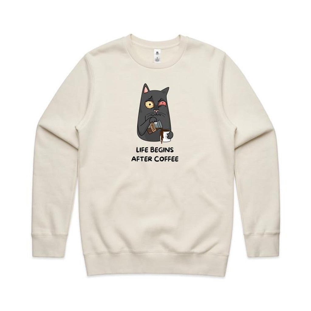 Life Begins After Coffee, Cat - AS Colour Stencil Crew Sweatshirt Ecru Sweatshirt Printed In Australia