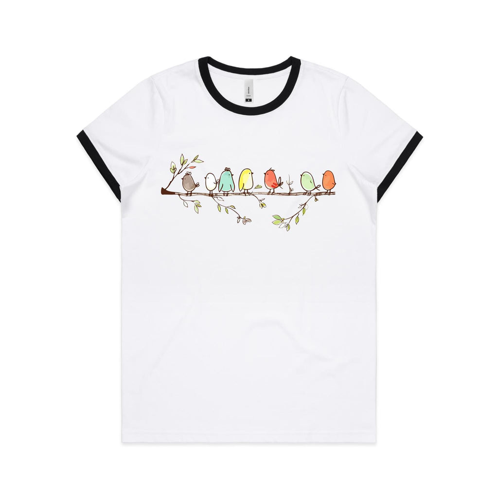 Birds On A Branch - Women's Ringer Tee White Black Womens Ringer T-shirt animal Printed In Australia
