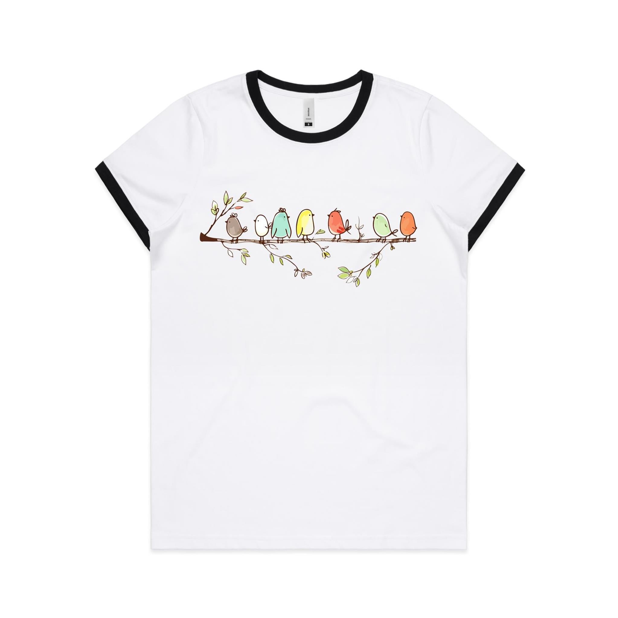 Birds On A Branch - Women's Ringer Tee White Black Womens Ringer T-shirt animal Printed In Australia