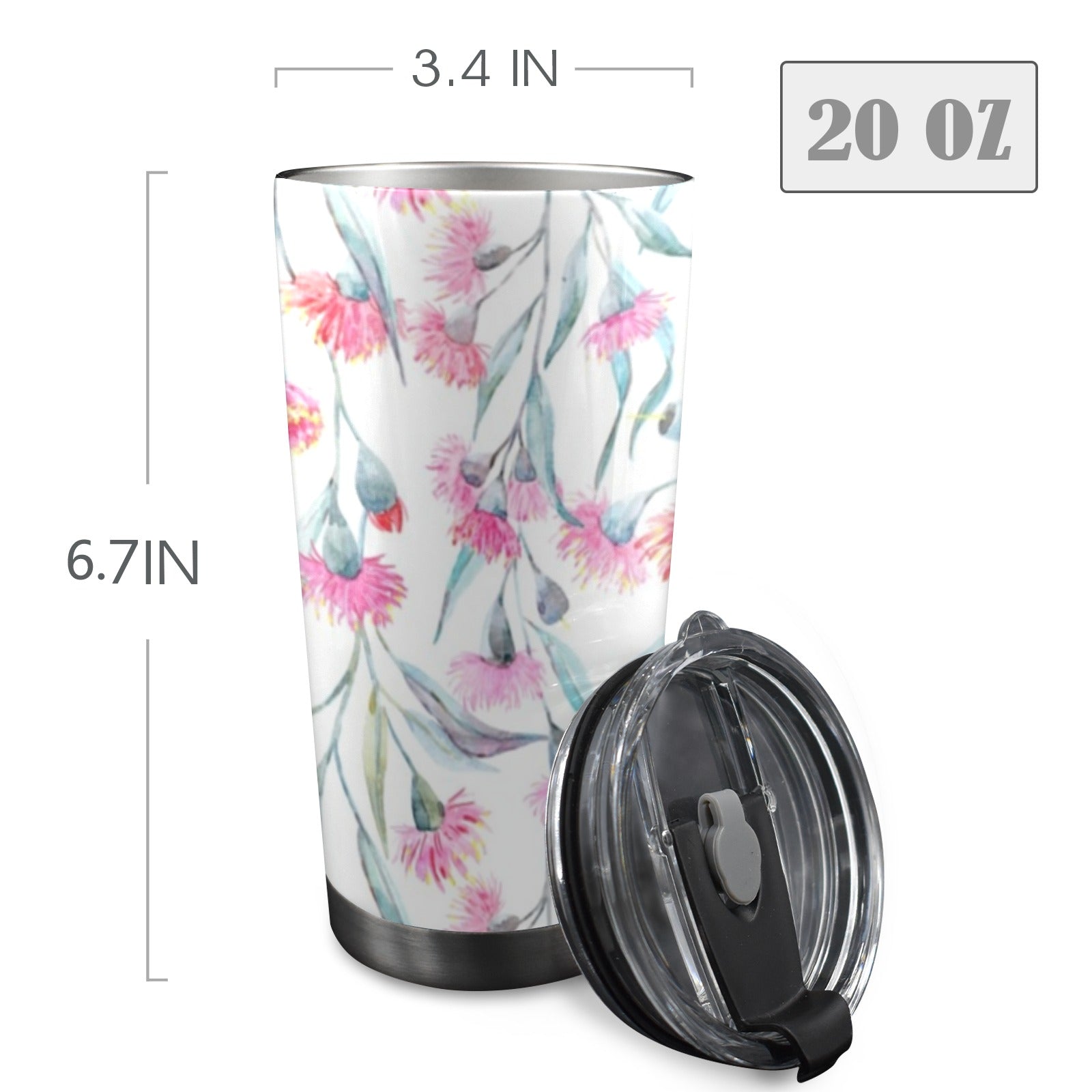 Pink Eucalyptus Flowers - 20oz Mobile Tumbler with Lid (Black Lock) 20oz Travel Mug Plants Printed Offshore