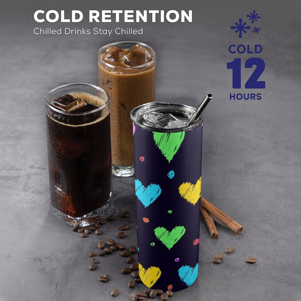 Colourful Hearts - 20oz Tall Skinny Tumbler with Lid and Straw