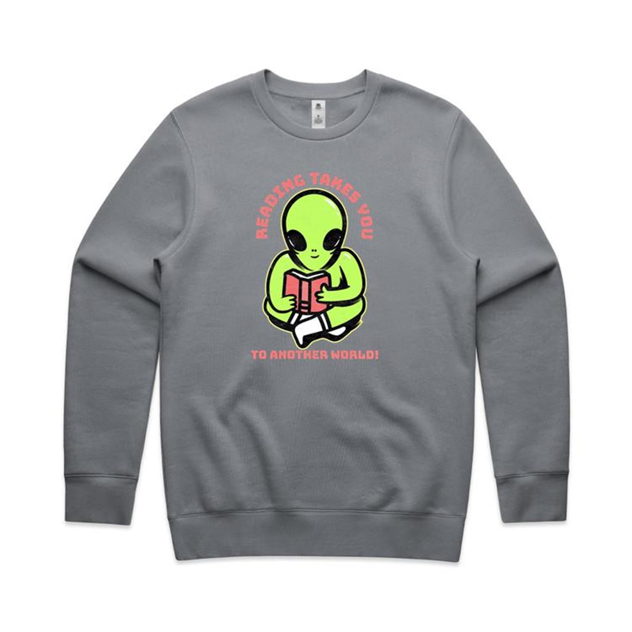 Reading Takes You To Another World, Alien - AS Colour Stencil Crew Sweatshirt Gravel Sweatshirt Printed In Australia Reading Sci Fi