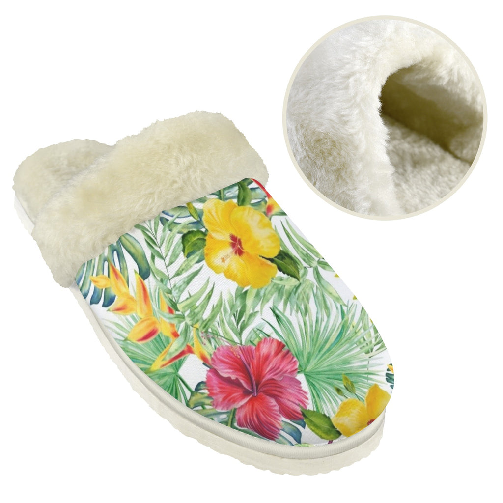 Tropical Flowers On White Women's Fur Trim Thick-Sole Indoor Slippers Women's Fur Trimmed Slippers Plants Printed Offshore