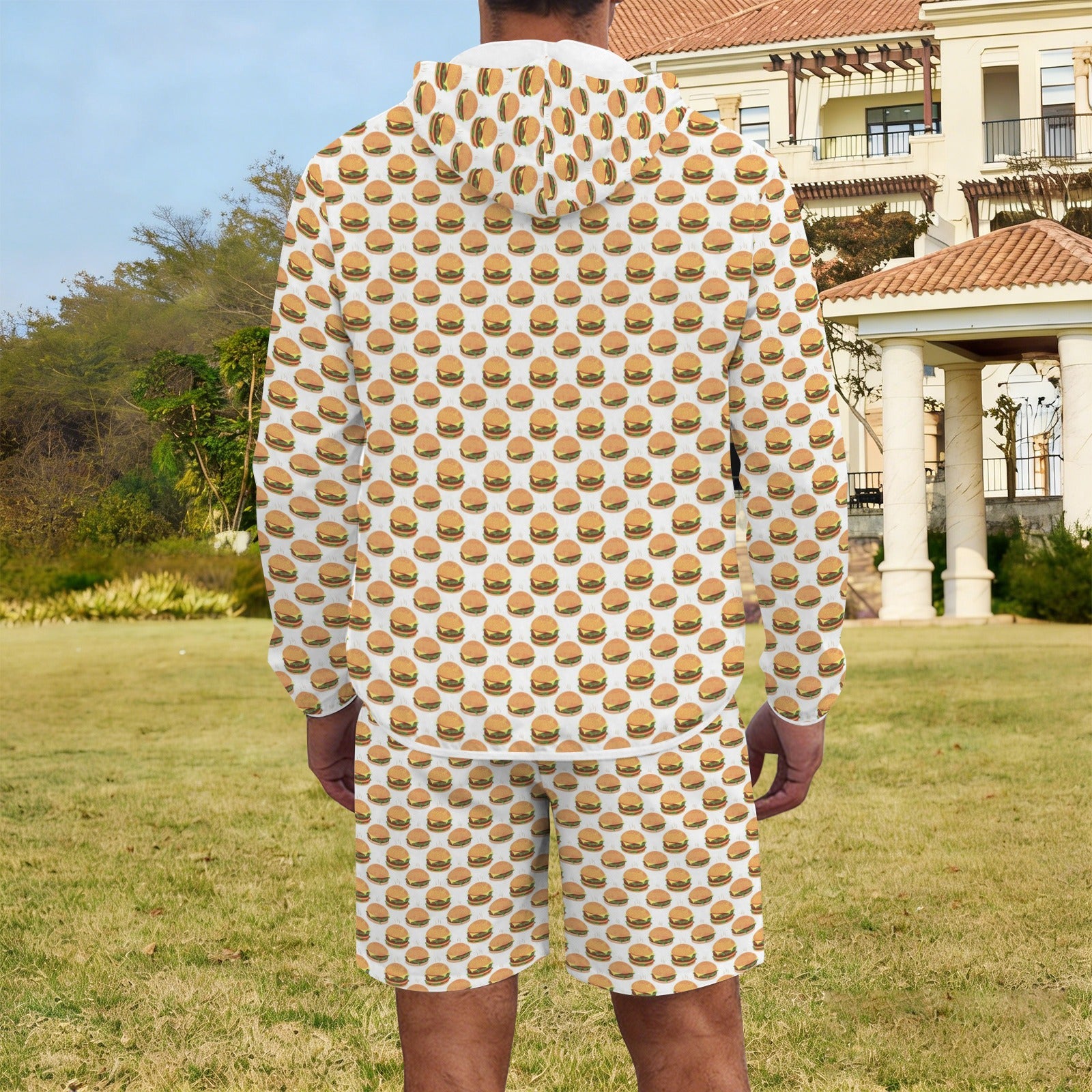 Hamburgers on White Men's Lightweight Sun Hoodie & Shorts Set Men's Lightweight Sun Hoodie & Shorts Food Printed Offshore