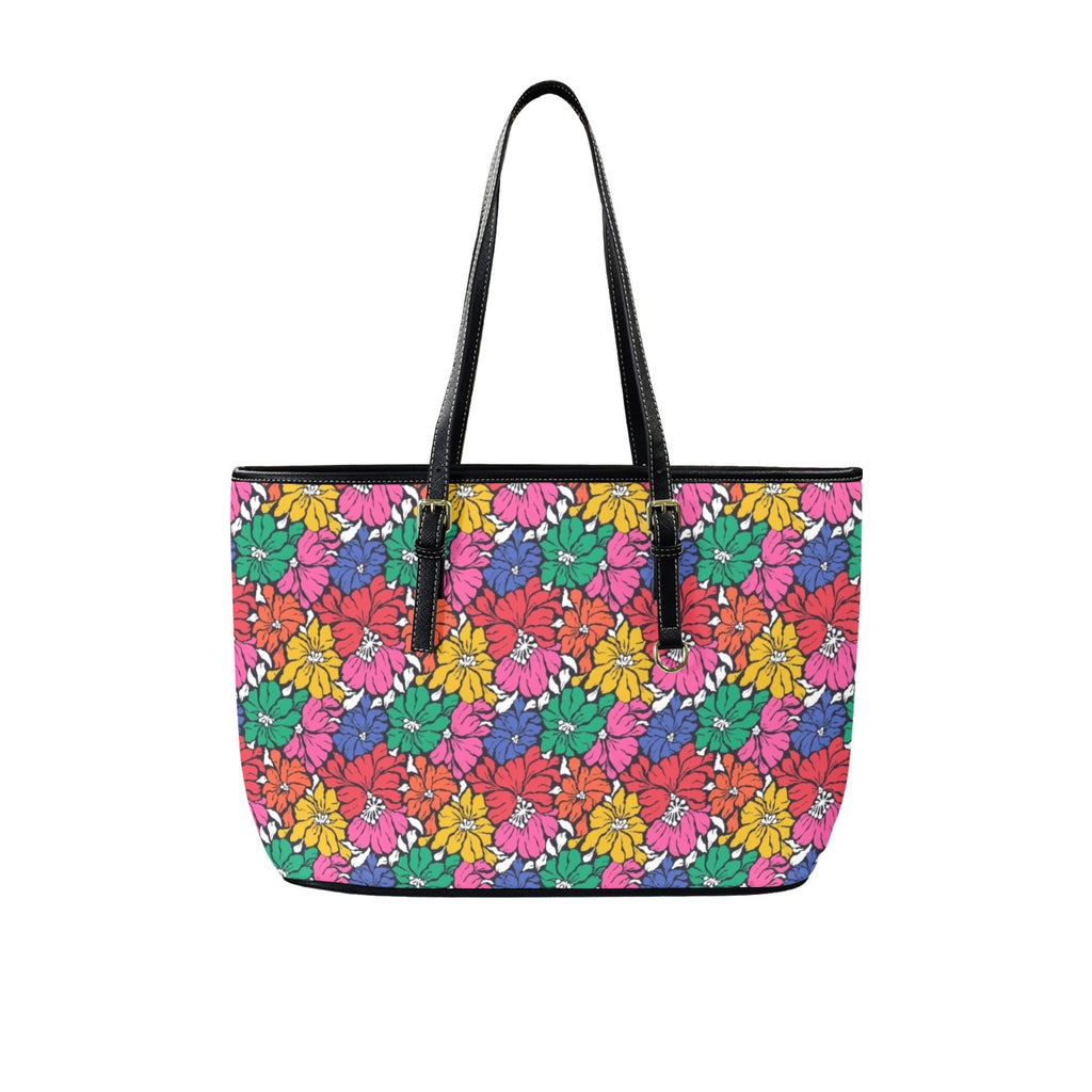 Bright And Bold Flowers PU Leather Tote Bag Large One Size Leather Tote Bag-Large Plants Printed Offshore