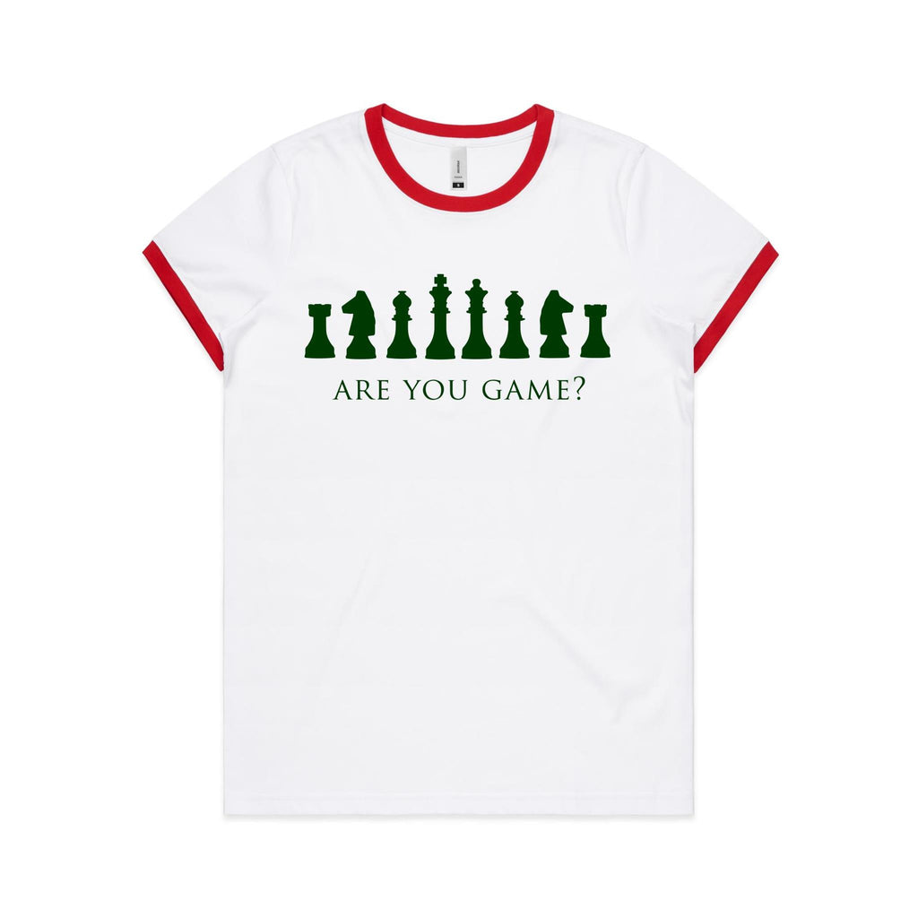 Are You Game, Chess - Women's Ringer Tee White Red Womens Ringer T-shirt Chess Games Printed In Australia