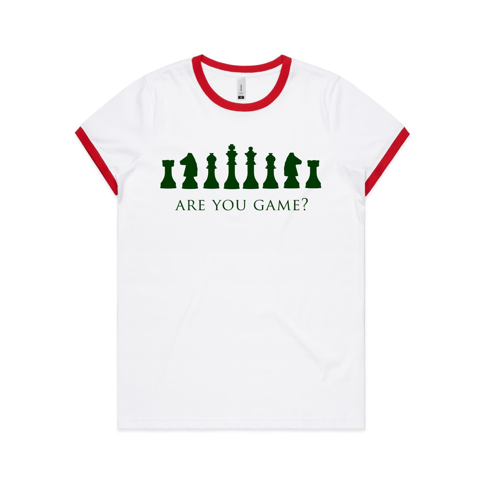 Are You Game, Chess - Women's Ringer Tee White Red Womens Ringer T-shirt Chess Games Printed In Australia