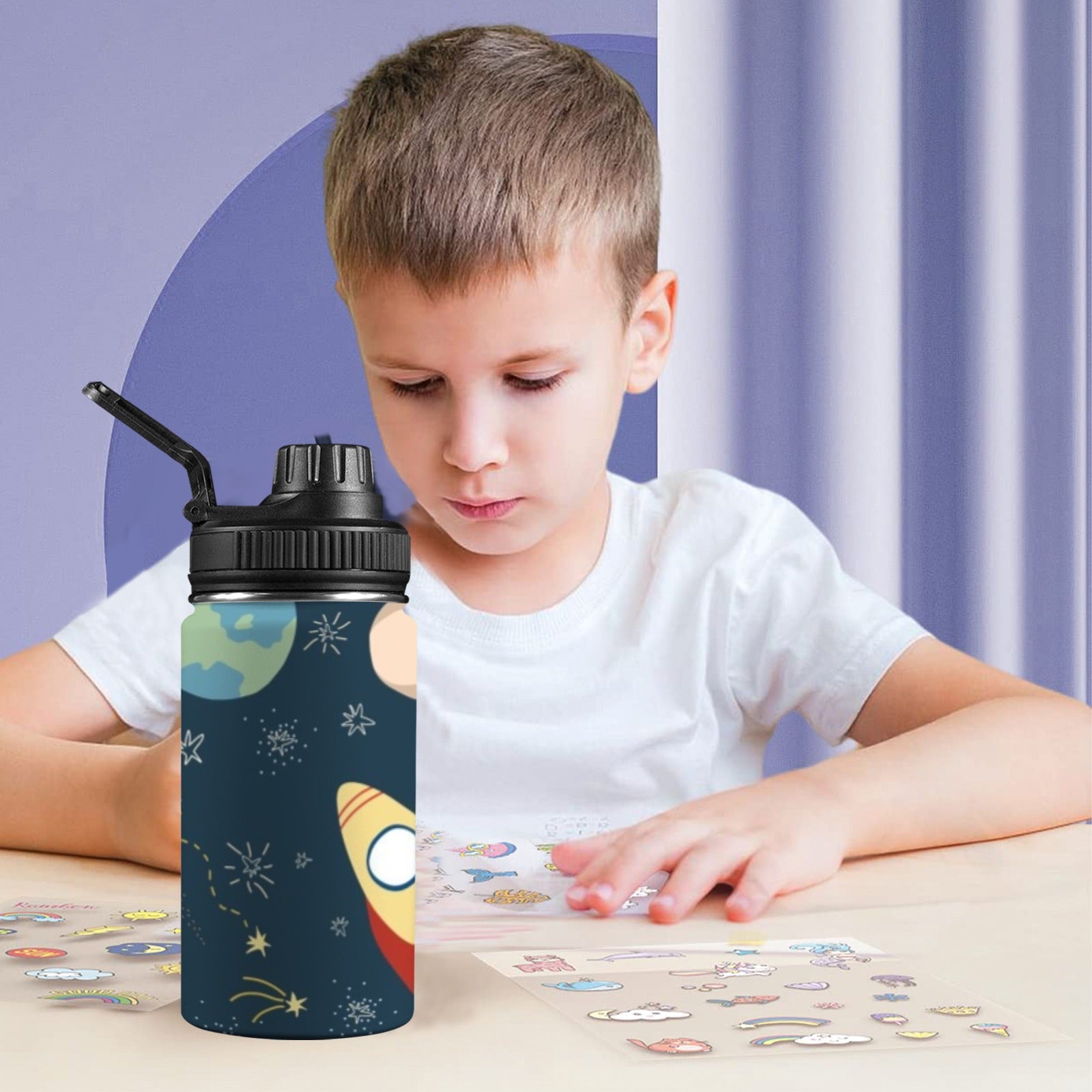 Rocket and Planets In Space - Kids Water Bottle with Chug Lid (12 oz) Kids Water Bottle with Chug Lid Printed Offshore Space