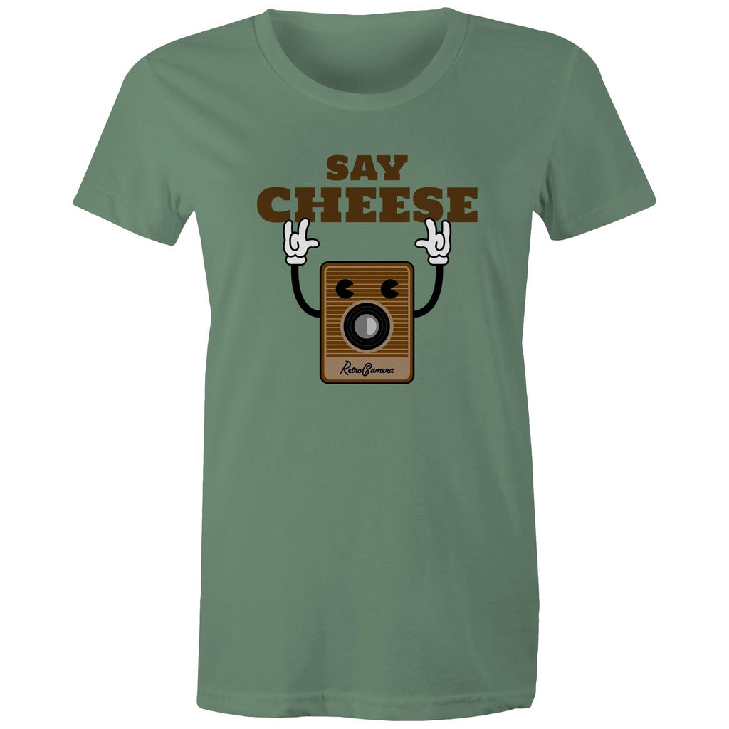 Say Cheese, Vintage Camera - Womens T-shirt Sage Womens T-shirt Printed In Australia Retro