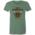 Say Cheese, Vintage Camera - Womens T-shirt Sage Womens T-shirt Printed In Australia Retro