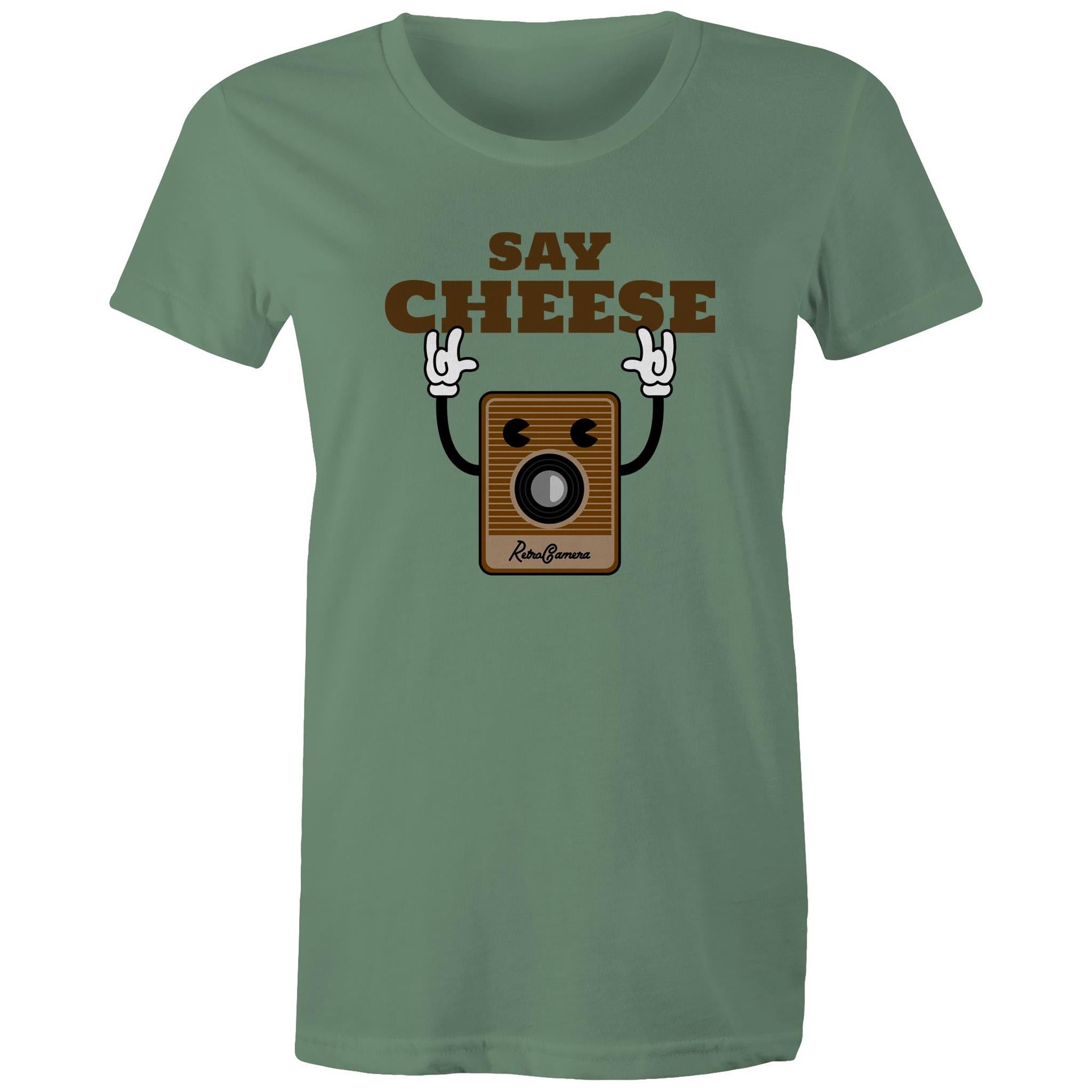 Say Cheese, Vintage Camera - Womens T-shirt Sage Womens T-shirt Printed In Australia Retro