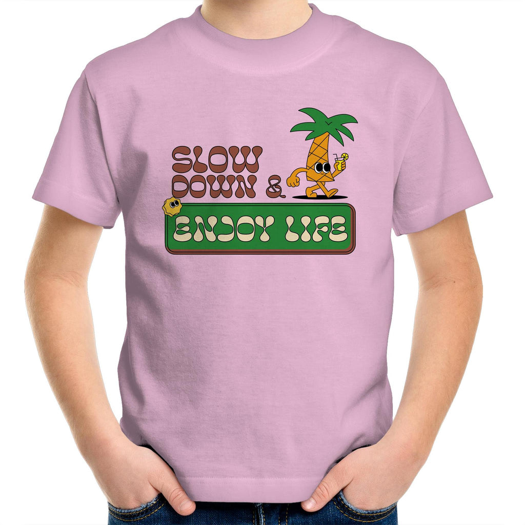 Slow Down And Enjoy Life - Kids Youth T-Shirt Pink Kids Youth T-shirt Printed In Australia Retro