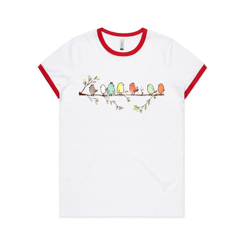 Birds On A Branch - Women's Ringer Tee White Red Womens Ringer T-shirt animal Printed In Australia