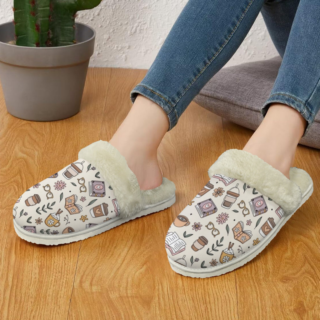 Books And Coffee Women's Fur Trim Thick-Sole Indoor Slippers Women's Fur Trimmed Slippers animal Printed Offshore Reading