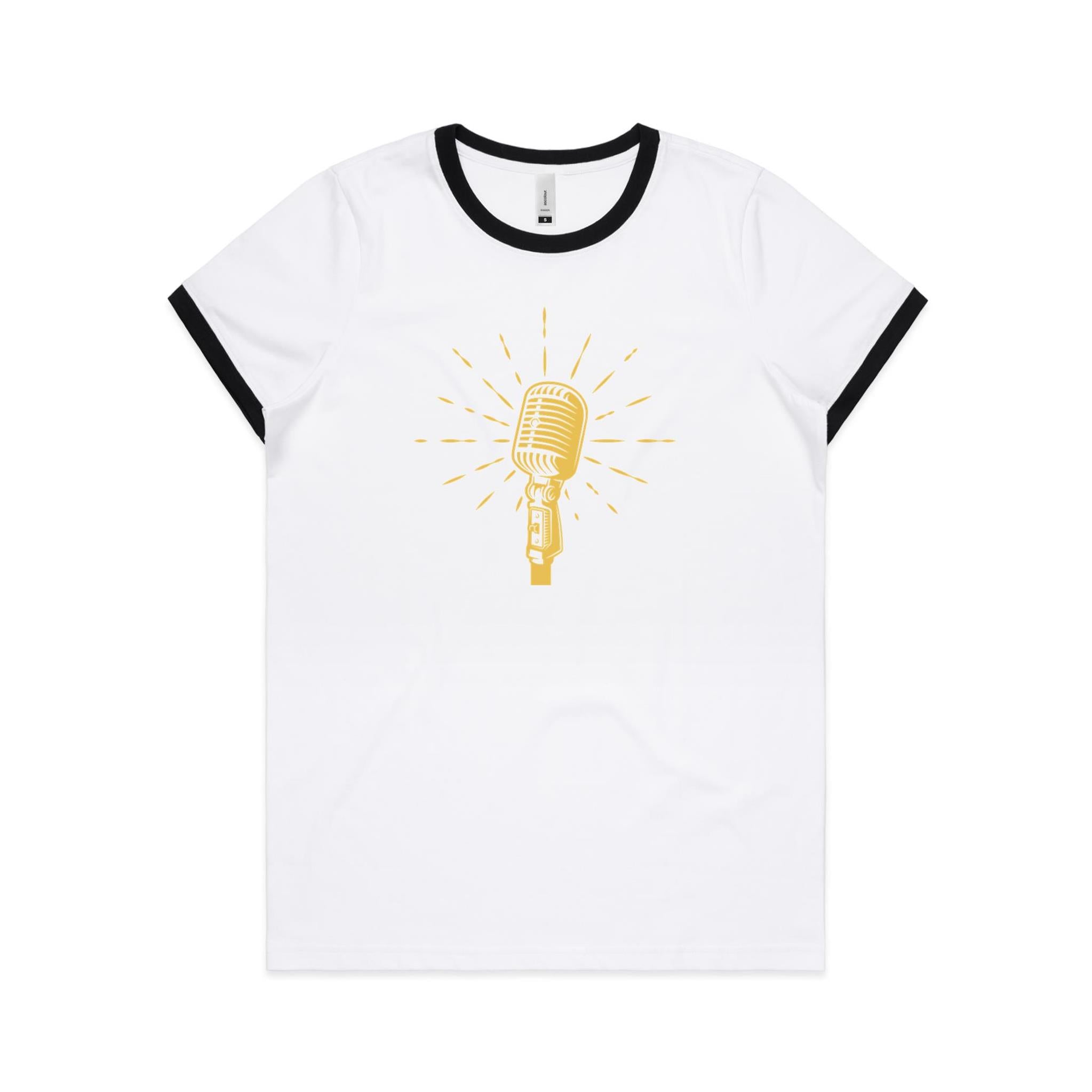 Retro Microphone - Women's Ringer Tee White Black Womens Ringer T-shirt Music Printed In Australia Retro