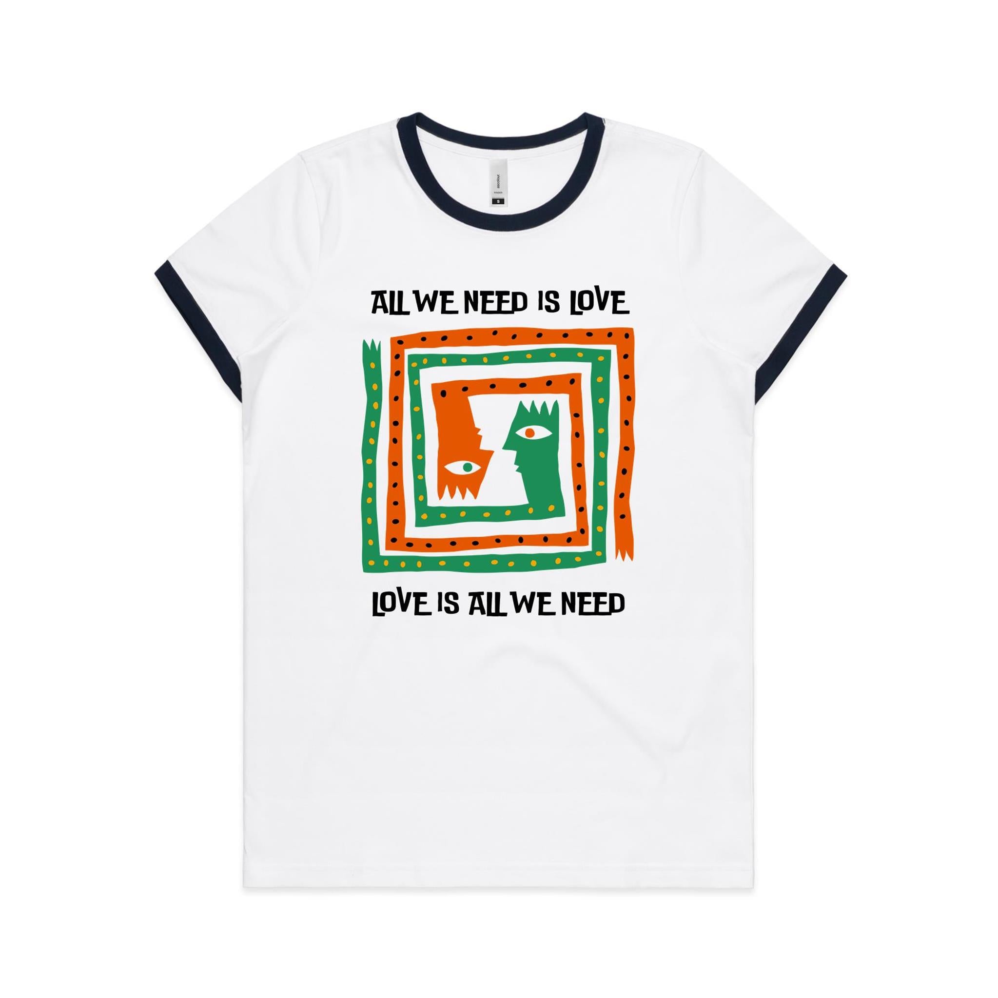 All We Need Is Love - Women's Ringer Tee White Navy Womens Ringer T-shirt Love Printed In Australia