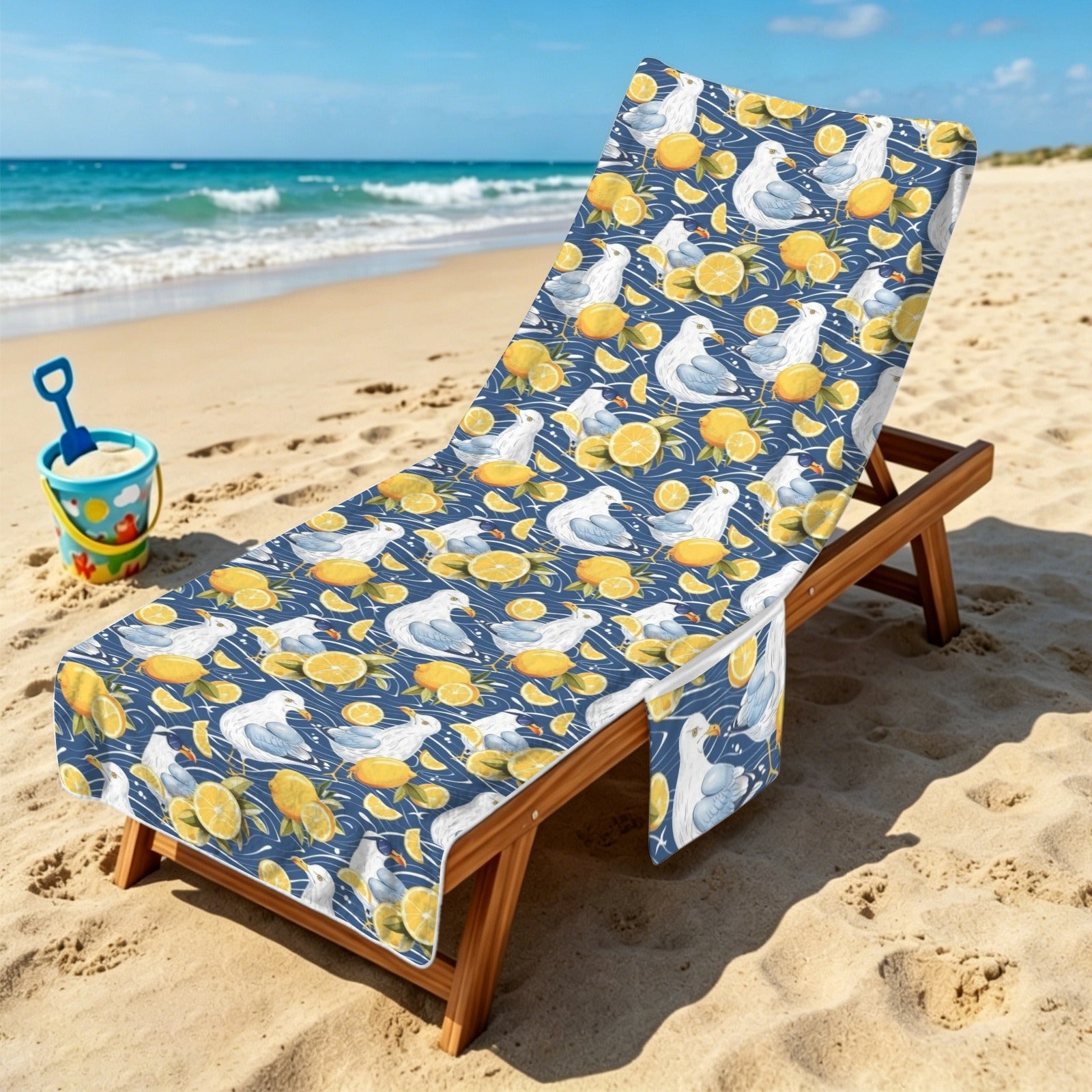 Lemon Seagull Beach Chair Towel Cover with Side Pockets