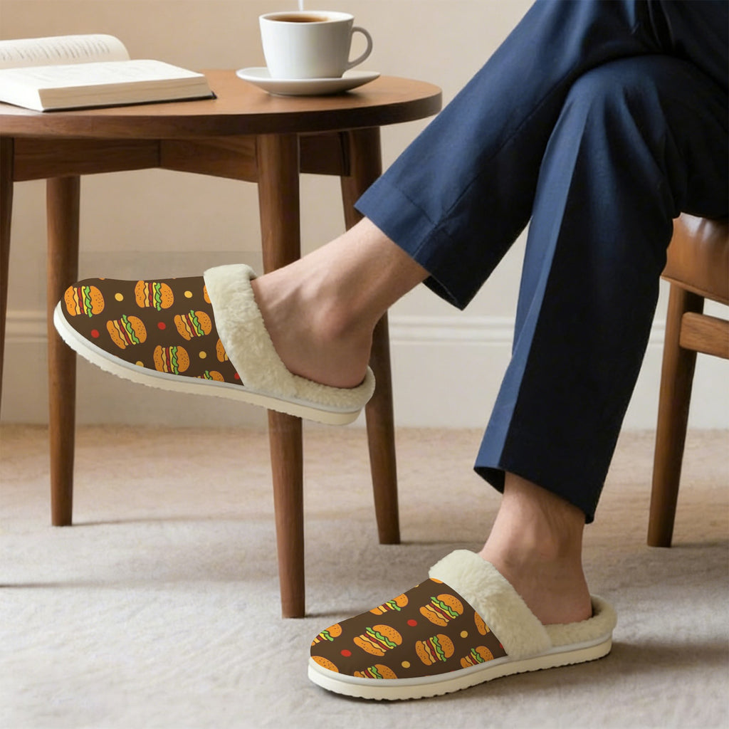 Burgers Men's Fur Trim Thick-Sole Indoor Slippers Men's Fur Trimmed Slippers Food Printed Offshore
